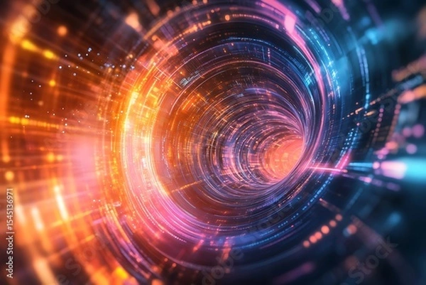 Fototapeta Digital data stream tunnel with light streaks and glowing particles for technology concepts