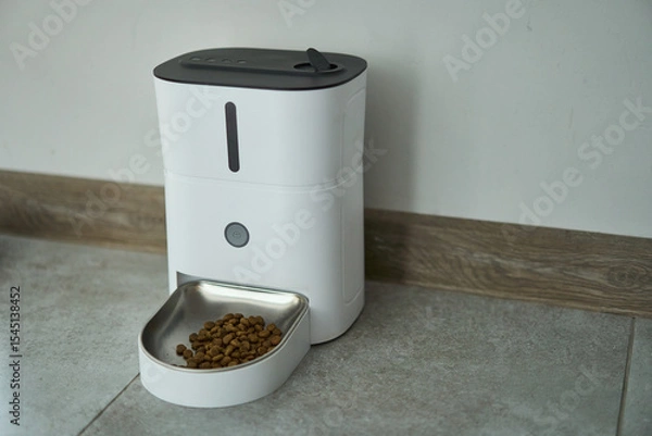 Obraz A contemporary automatic pet feeder featuring a chic design and a highly functional kibble dispensing feature