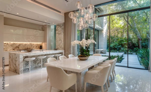 Fototapeta Modern Luxury Kitchen and Dining Area with Marble Countertops, Elegant Chandelier, and Glass Wall Overlooking Lush Garden
