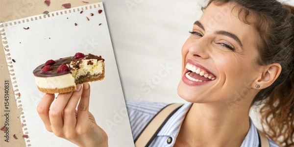 Fototapeta A joyful woman holding and about to eat a slice of chocolate and berry cheesecake, smiling brightly.