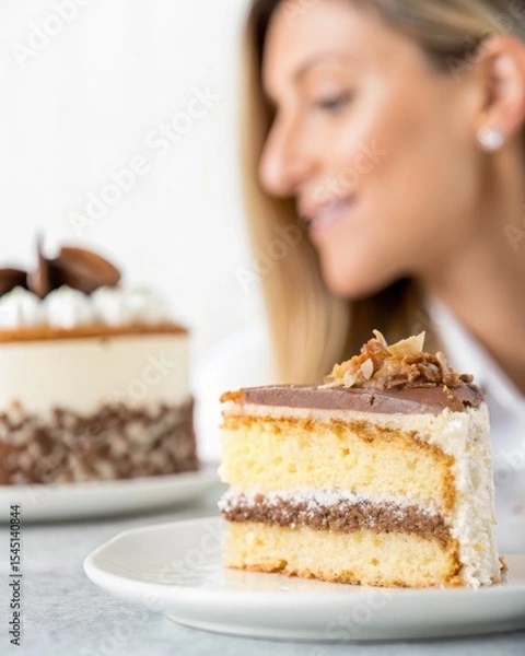 Fototapeta A close-up of a slice of layered cake with chocolate frosting and nuts, with a smiling woman blurred in the background.
