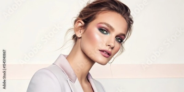 Fototapeta A stylish young woman with flawless makeup and a confident expression poses against a minimalist background, showcasing modern beauty and fashion.
