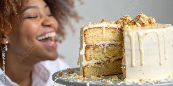 Fototapeta A joyful woman enjoys a slice of moist layered cake with creamy frosting and caramel drizzle.