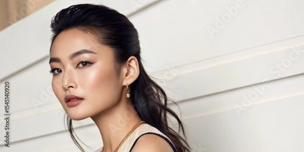Fototapeta A close-up portrait of an elegant woman with smooth skin, styled hair, and subtle makeup, wearing a sleeveless top and delicate earrings against a neutral background.