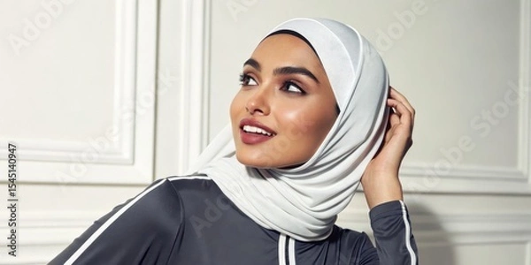 Fototapeta A confident woman wearing a white hijab and dark clothing smiles softly while looking upward, set against an elegant white paneled background.