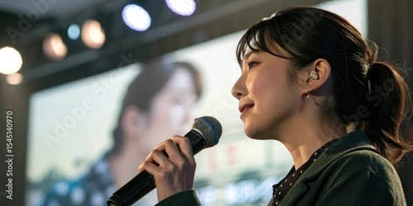 Fototapeta A woman speaks confidently into a microphone during a presentation or event, with blurred lights and screen in the background.