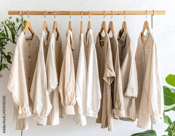 Obraz Minimalist-capsule-wardrobe-displayed-on-wooden-hangers,-neutral-earth-tones,-linen