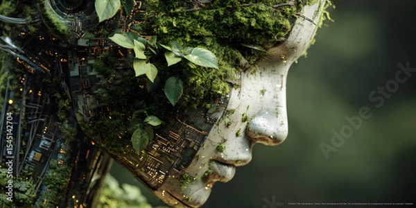 Fototapeta Nature's Embrace: An artistic portrayal of a synthetic humanoid face, adorned with thriving foliage, creating a harmonious juxtaposition of technology and organic life.