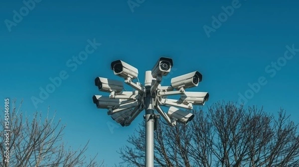 Obraz cluster of surveillance cameras against clear blue sky