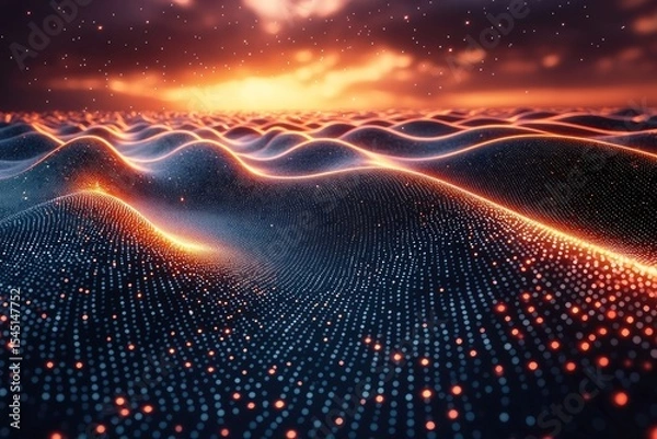 Fototapeta Abstract Wave of Glowing Particles Forming a Digital Landscape at Sunset