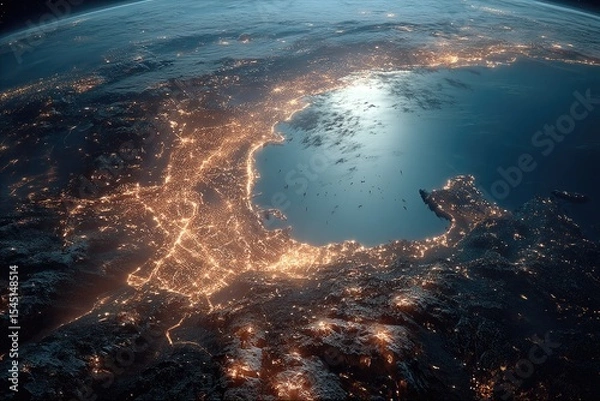 Fototapeta Aerial Night View of City Clusters Illuminated From Space