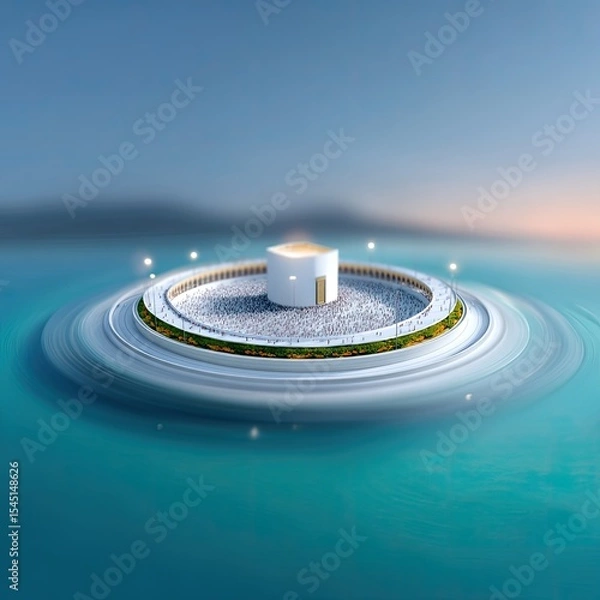 Fototapeta Aerial View of a Crowd Circling a White Structure on a Calm Ocean