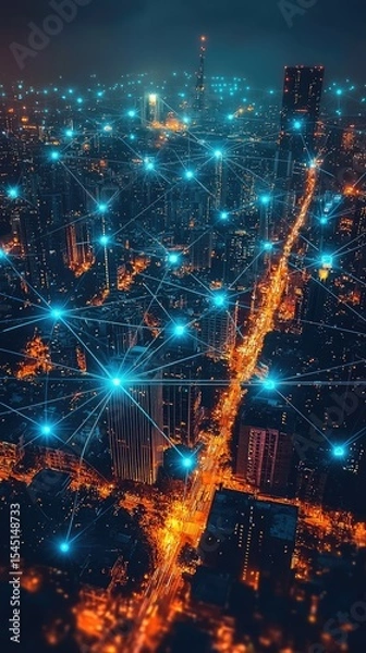 Fototapeta Aerial View of City at Night Illuminated with Network Connections