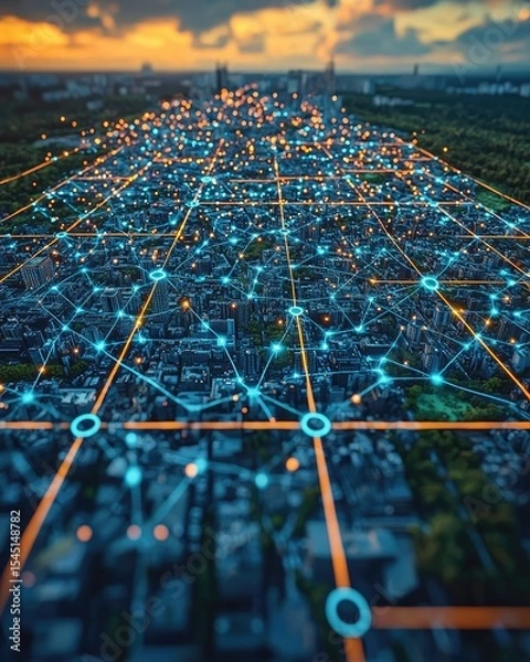 Fototapeta Aerial View of City at Sunset with Glowing Digital Network