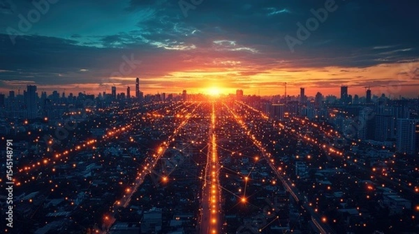 Fototapeta Aerial View of City at Sunset with Illuminated Streets and Network Beams