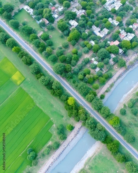 Fototapeta Aerial View of Eid Prayer and Qurban Crowd near a River