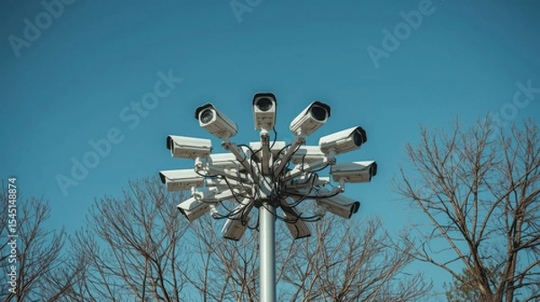 Obraz cluster of surveillance cameras against clear blue sky