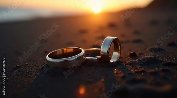 Obraz golden rings resting on dark sand at sunset