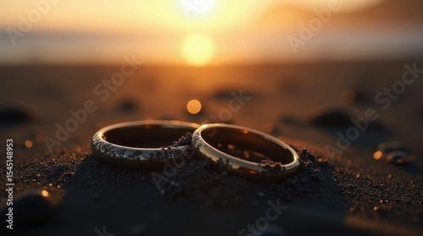 Obraz golden rings resting on dark sand at sunset