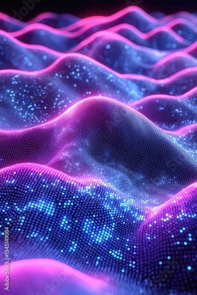 Fototapeta Abstract Low Poly Data Wave Simulation in Neon Blue and Pink