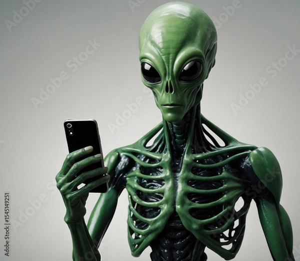 Obraz skeletal green alien using smartphone on grey background