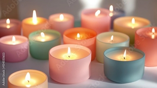 Fototapeta Assorted Colorful Candles with Soft Glowing Flames for Relaxation and Home Decor
