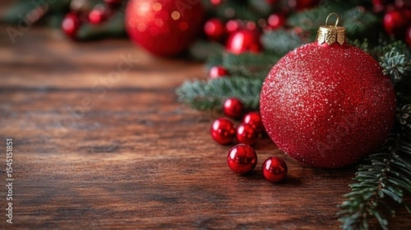 Fototapeta Sparkling Red Christmas Ornaments with Pine Branches on Rustic Wooden Background