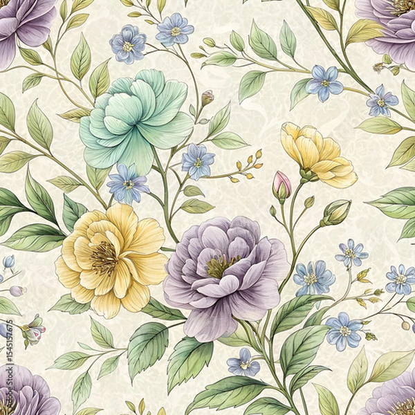 Fototapeta Delicate pastel flowers bloom in a soft, repeating pattern.