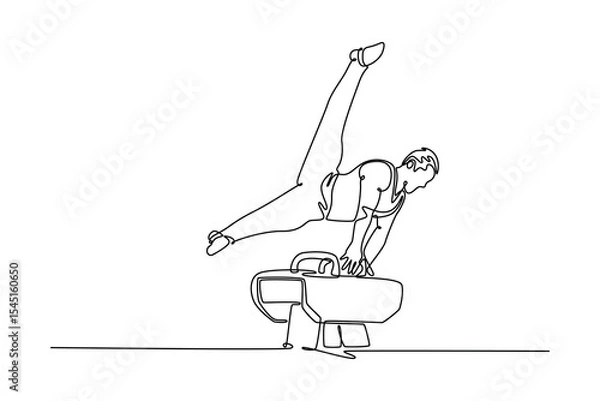 Obraz Single one line drawing professional gymnast exercise pommel horse in championship gymnastics, support with hands on horse, swing feet. Modern continuous line draw design graphic vector illustration