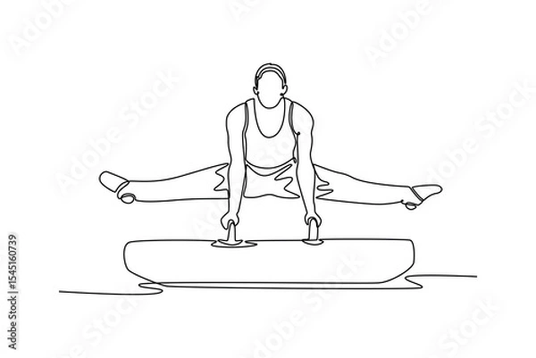 Obraz Single one line drawing professional male gymnast doing the splits and balancing on the pommel horse in championship gymnastics artistic. Modern continuous line draw design graphic vector illustration