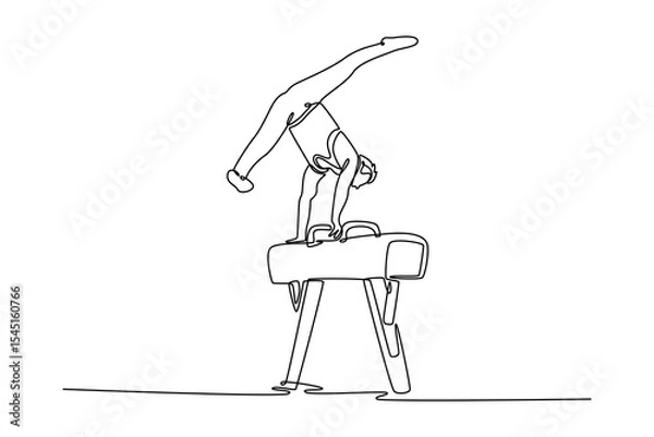 Obraz Continuous one line drawing male athlete doing complicated exciting trick on pommel horse in professional gym. Man perform stunt in sports clothes. Single line draw design vector graphic illustration