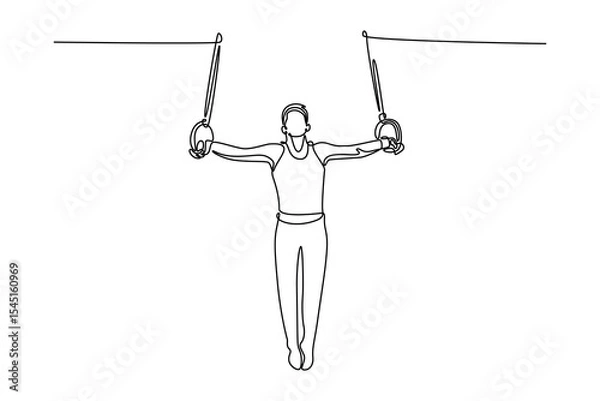 Obraz Continuous one line drawing sportive male gymnast training in gym, flexible and active. Male athlete in sportswear practicing balance on the rings. Single line draw design vector graphic illustration