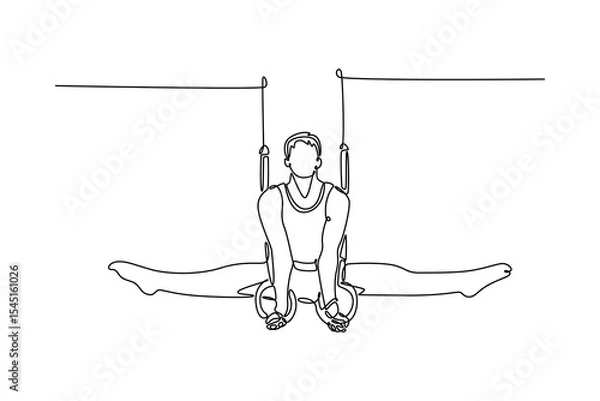 Obraz Continuous one line drawing muscular male gymnast exercising on gymnastic rings in modern health club. Gymnast athlete perform stunt in sportswear. Single line draw design vector graphic illustration