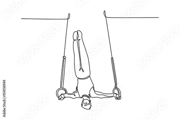 Obraz Continuous one line drawing professional male gymnast swinging on gymnastic rings while doing muscle up exercise during calisthenics workout in gym. Single line draw design vector graphic illustration