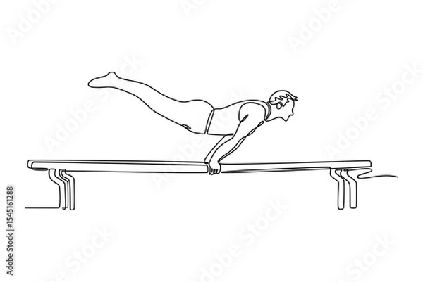 Obraz Continuous one line drawing fit male gymnast performing handstand on parallel bars in professional gym. Doing calisthenics core stability exercise. Single line draw design vector graphic illustration
