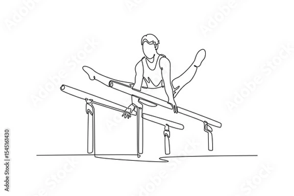 Obraz Single continuous line drawing male gymnast training in gym, flexible and active. Athlete in sportswear practicing in exercises for strength, balance. One line draw graphic design vector illustration