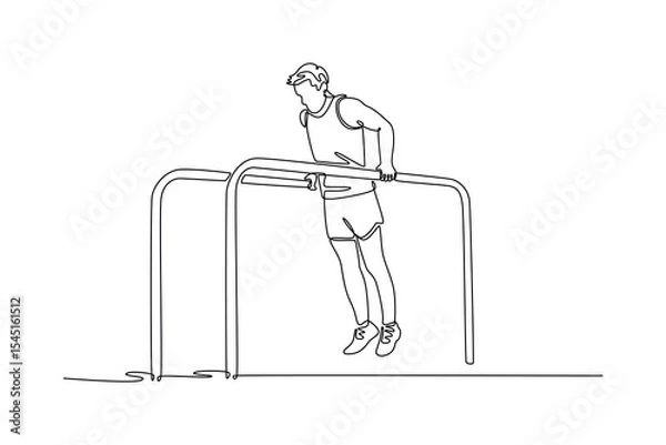 Fototapeta Single continuous line drawing flexible gymnast exercise parallel bars in championship gymnastics. Movement, action, motion, healthy lifestyle. Dynamic one line draw graphic design vector illustration
