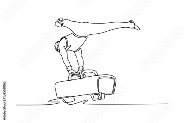 Obraz Single one line drawing pommel horse athlete gymnast doing split handstand in competition artistic gymnastics. Perform acrobatic motion. Modern continuous line draw design graphic vector illustration