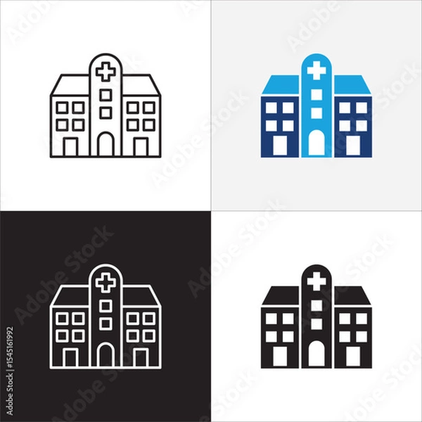 Fototapeta Healthcare icon. Hospital icon. Icon symbol of clinic, health center, hospital building, red cross, medication place. Vector illustration. Thin line and flat solid design.