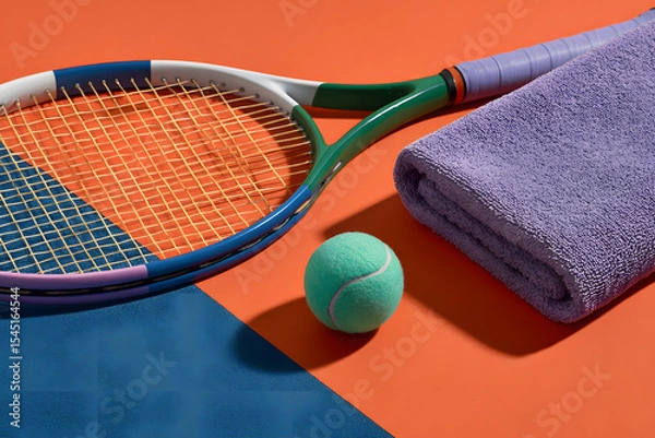 Fototapeta A racket and tennis ball sit by a towel on a bright court, showcasing match readiness