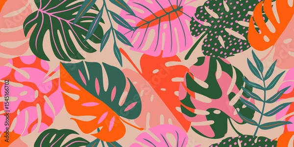 Obraz Abstract tropical leaves seamless pattern with colorful style. Modern foliage print design for fabric, textiles, clothing, packaging, covers, banners, home decor and backgrounds. Vector illustrations.