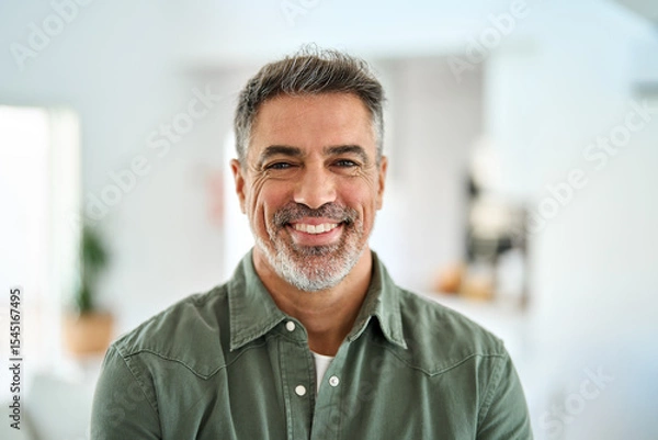 Obraz Smiling older mature 50 years old handsome man looking at camera posing in modern house living room. Happy confident middle aged senior man standing at home. Close up face portrait.