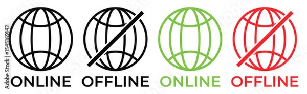 Obraz Online and Offline Internet Connection Icons – Flat Vector Set of Globe Symbols with Signal and No Signal Status in Red, Green, and Black, vector illustration.