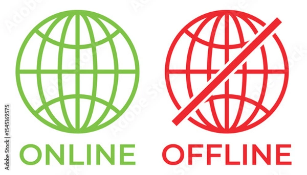 Fototapeta Online and Offline Internet Connection Icons – Flat Vector Set of Globe Symbols with Signal and No Signal Status in Red, Green, and Black, vector illustration.