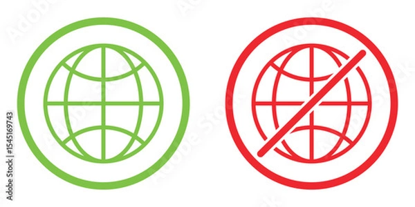 Fototapeta Online and Offline Internet Connection Icons – Flat Vector Set of Globe Symbols with Signal and No Signal Status in Red, Green, and Black, vector illustration.