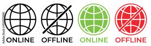 Fototapeta Online and Offline Internet Connection Icons – Flat Vector Set of Globe Symbols with Signal and No Signal Status in Red, Green, and Black, vector illustration.
