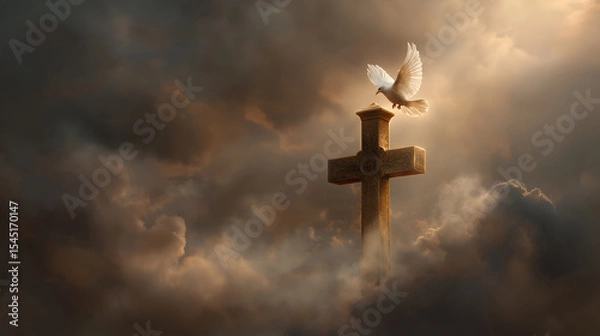 Fototapeta Radiant cross with descending dove and light beams. Holy Spirit symbol