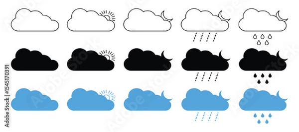 Fototapeta Weather Icons Set – Vector Collection of Forecast Symbols Including Sun, Clouds, Rain, Snow, Wind, and Moon, vector illustration.