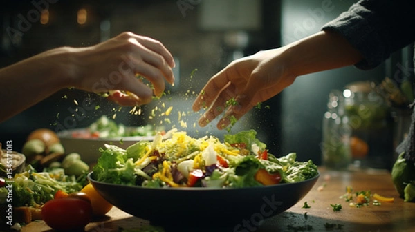 Obraz Close up roommates making salad
