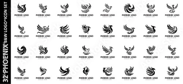 Obraz Collection of 32 phoenix logo designs in monochrome vector style. Abstract bird silhouettes, ideal for branding, identity, and mythical themes.